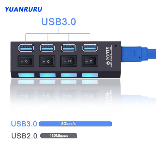 USB Hub 3,0 Hub USB 3 USB 2,0 Multi USB divisor adaptador de corriente 4/7 puertos expansor múltiple 2,0 con interruptor para accesorios de PC