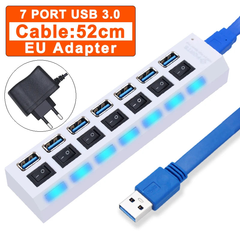 USB Hub 3,0 Hub USB 3 USB 2,0 Multi USB divisor adaptador de corriente 4/7 puertos expansor múltiple 2,0 con interruptor para accesorios de PC