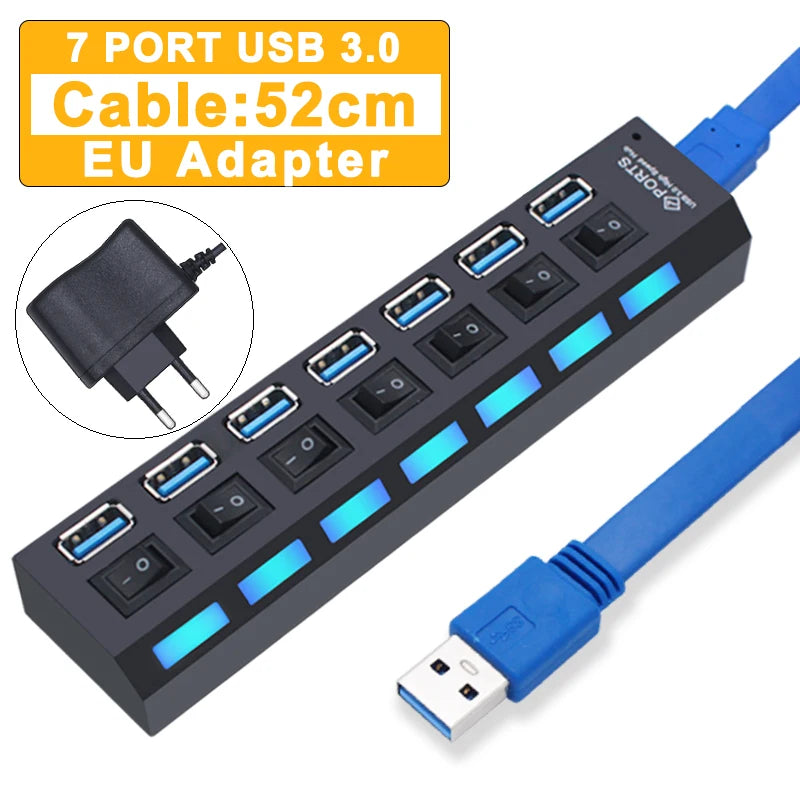 USB Hub 3,0 Hub USB 3 USB 2,0 Multi USB divisor adaptador de corriente 4/7 puertos expansor múltiple 2,0 con interruptor para accesorios de PC