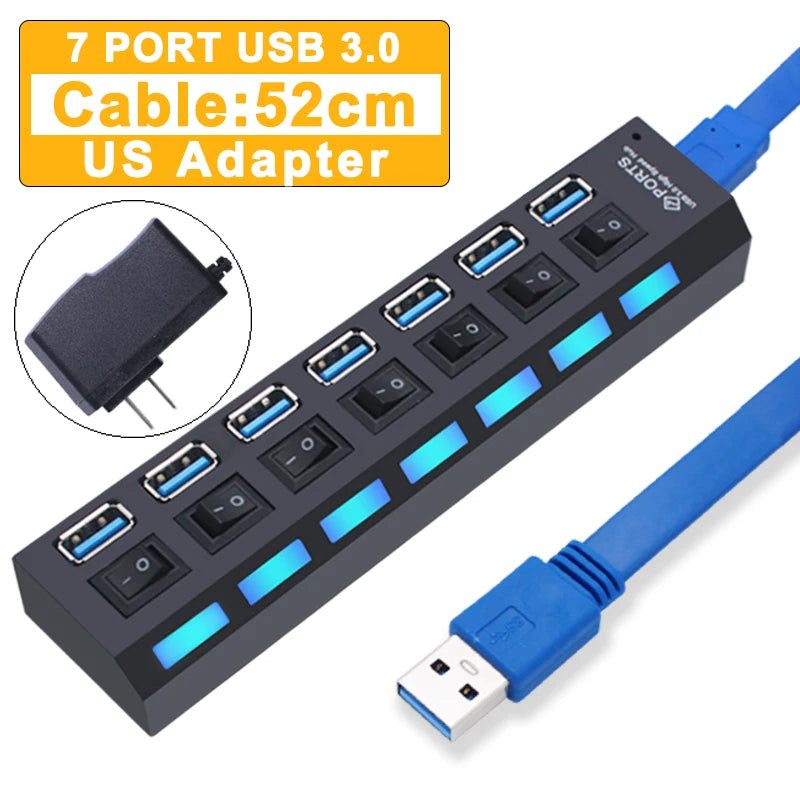 USB Hub 3,0 Hub USB 3 USB 2,0 Multi USB divisor adaptador de corriente 4/7 puertos expansor múltiple 2,0 con interruptor para accesorios de PC