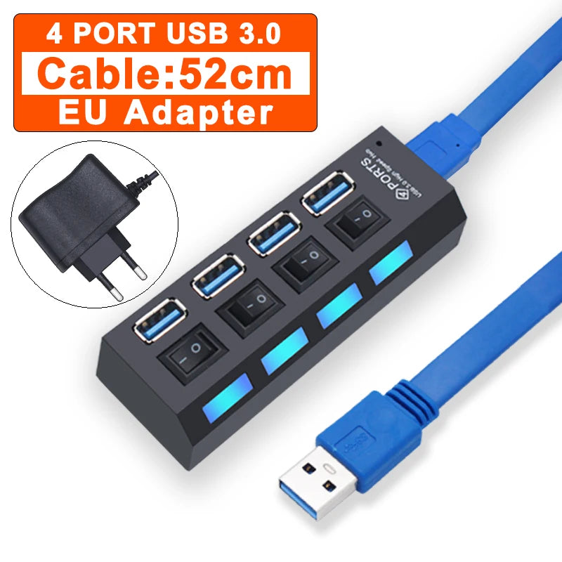 USB Hub 3,0 Hub USB 3 USB 2,0 Multi USB divisor adaptador de corriente 4/7 puertos expansor múltiple 2,0 con interruptor para accesorios de PC