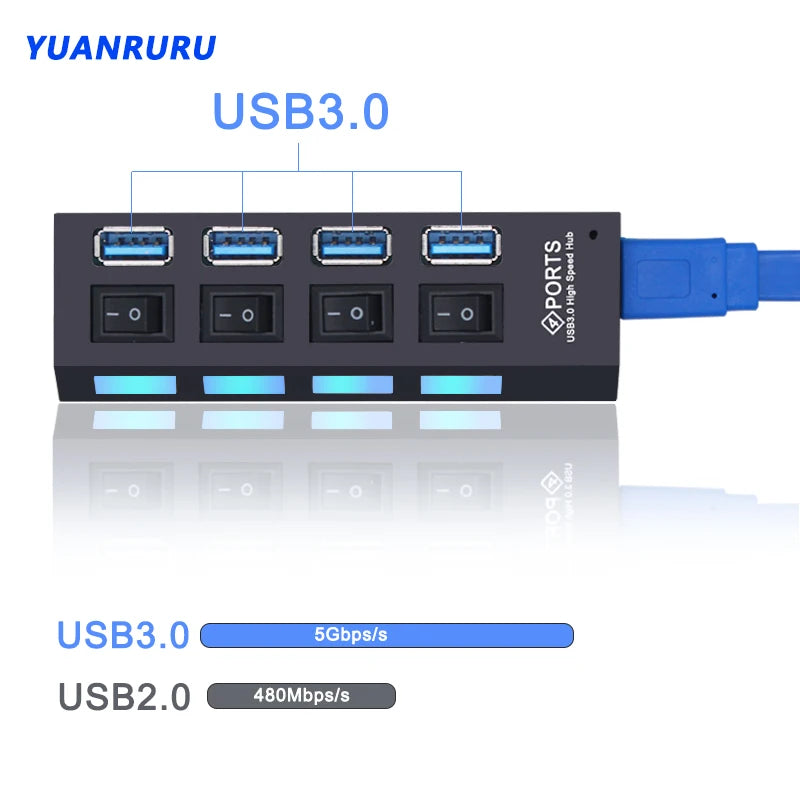 USB Hub 3,0 Hub USB 3 USB 2,0 Multi USB divisor adaptador de corriente 4/7 puertos expansor múltiple 2,0 con interruptor para accesorios de PC