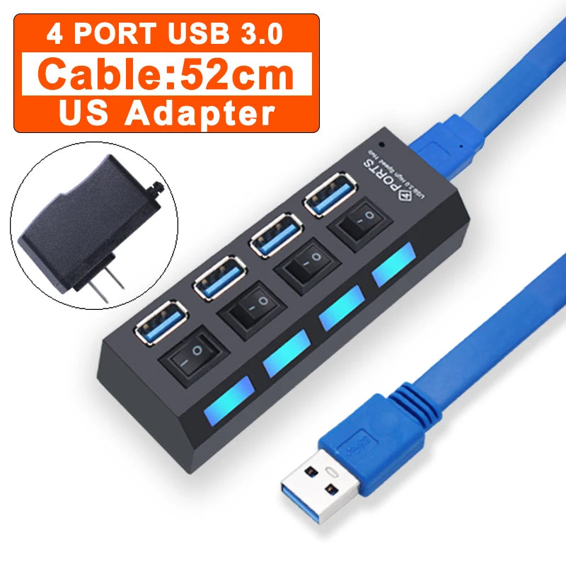 USB Hub 3,0 Hub USB 3 USB 2,0 Multi USB divisor adaptador de corriente 4/7 puertos expansor múltiple 2,0 con interruptor para accesorios de PC