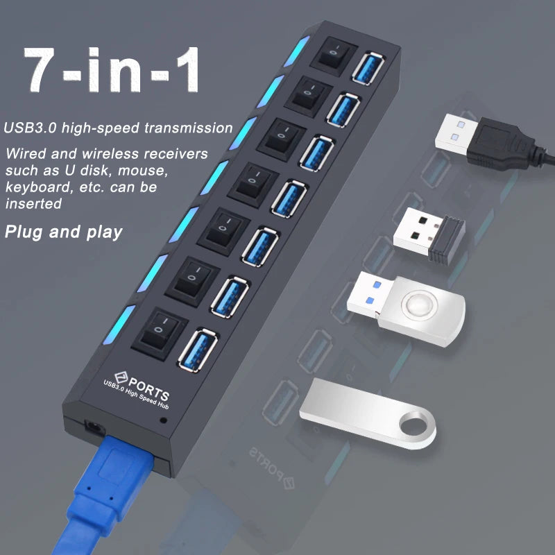 USB Hub 3,0 Hub USB 3 USB 2,0 Multi USB divisor adaptador de corriente 4/7 puertos expansor múltiple 2,0 con interruptor para accesorios de PC