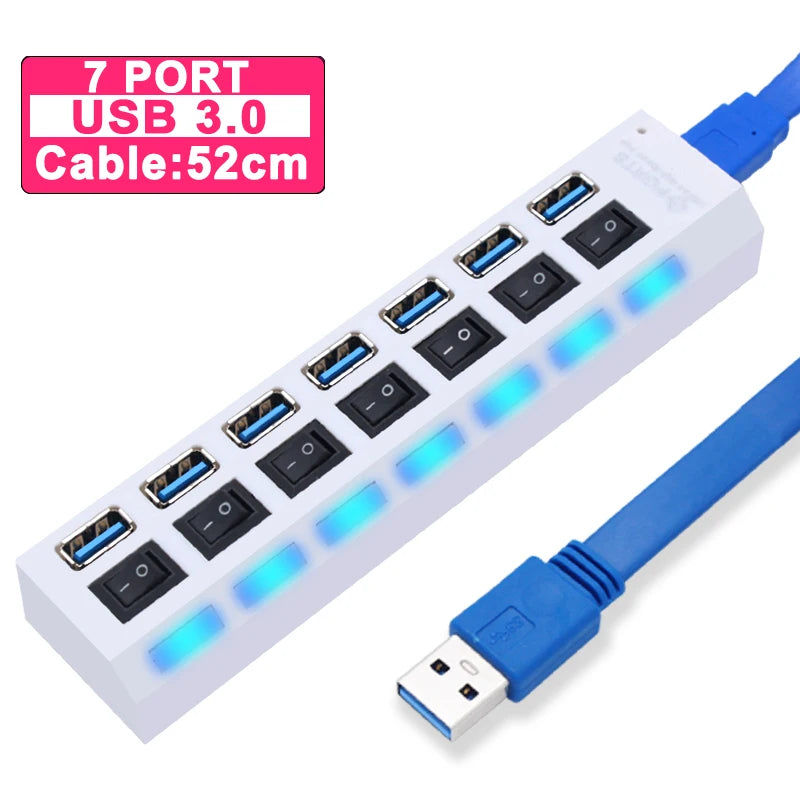 USB Hub 3,0 Hub USB 3 USB 2,0 Multi USB divisor adaptador de corriente 4/7 puertos expansor múltiple 2,0 con interruptor para accesorios de PC