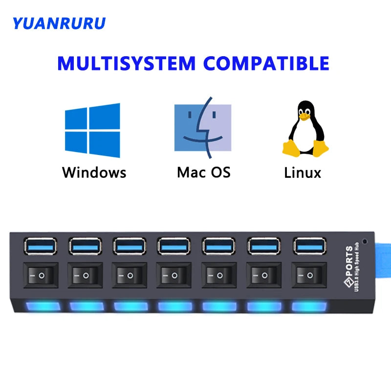 USB Hub 3,0 Hub USB 3 USB 2,0 Multi USB divisor adaptador de corriente 4/7 puertos expansor múltiple 2,0 con interruptor para accesorios de PC