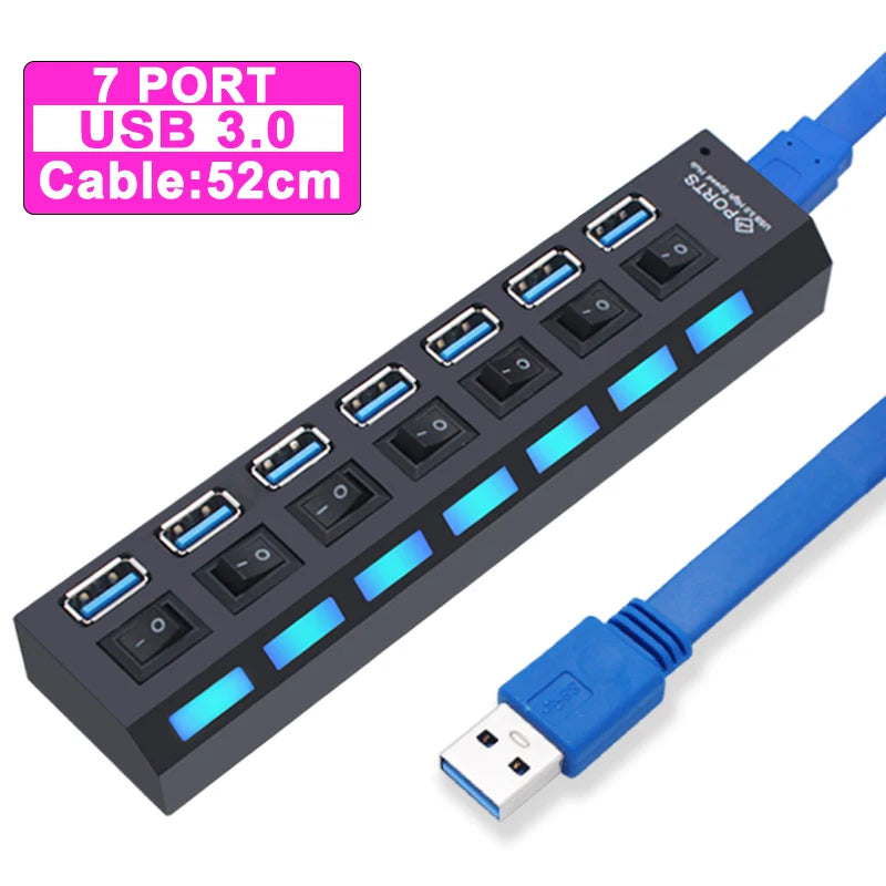 USB Hub 3,0 Hub USB 3 USB 2,0 Multi USB divisor adaptador de corriente 4/7 puertos expansor múltiple 2,0 con interruptor para accesorios de PC