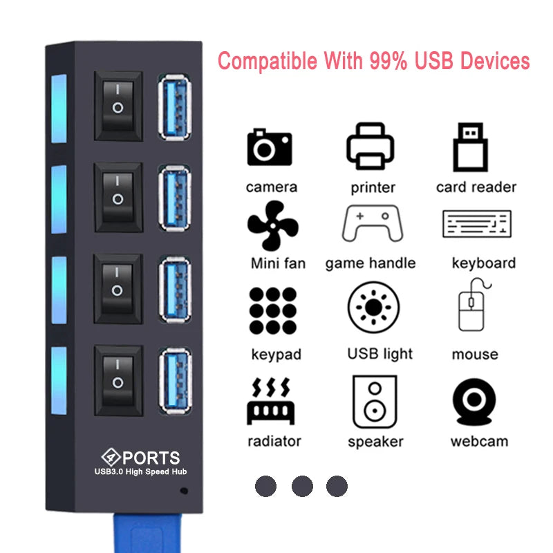 USB Hub 3,0 Hub USB 3 USB 2,0 Multi USB divisor adaptador de corriente 4/7 puertos expansor múltiple 2,0 con interruptor para accesorios de PC