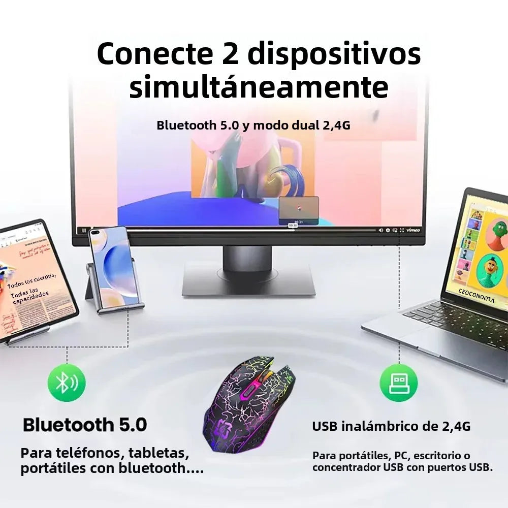 Ratón inalámbrico Bluetooth 5,2 RGB 2,4G, ratón para juegos de modo Dual, ratón silencioso de 6 botones para MacBook, tableta, ordenadores portátiles