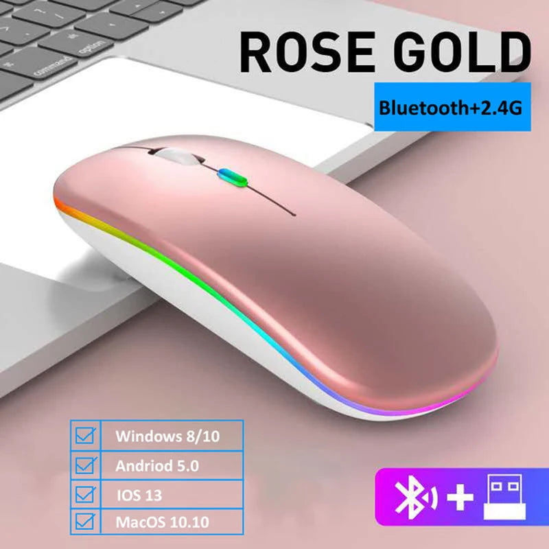 Ratón inalámbrico LED, recargable por USB, compatible con Bluetooth, RGB, silencioso, ergonómico, con retroiluminación, para ordenador portátil, PC y ipad