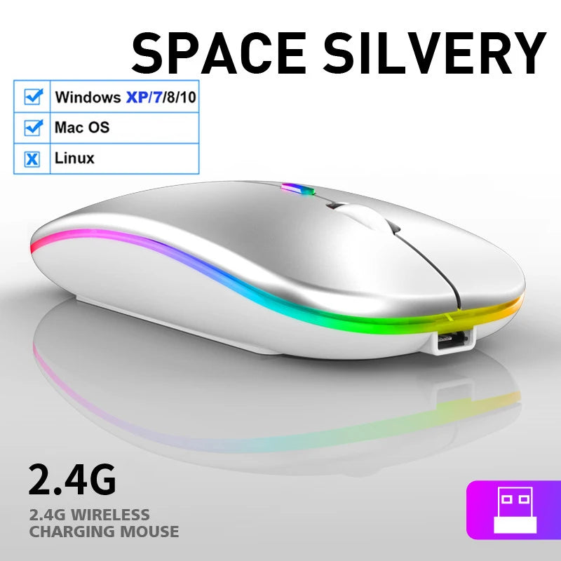 Ratón inalámbrico LED, recargable por USB, compatible con Bluetooth, RGB, silencioso, ergonómico, con retroiluminación, para ordenador portátil, PC y ipad
