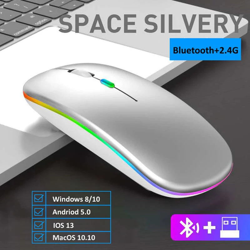 Ratón inalámbrico LED, recargable por USB, compatible con Bluetooth, RGB, silencioso, ergonómico, con retroiluminación, para ordenador portátil, PC y ipad