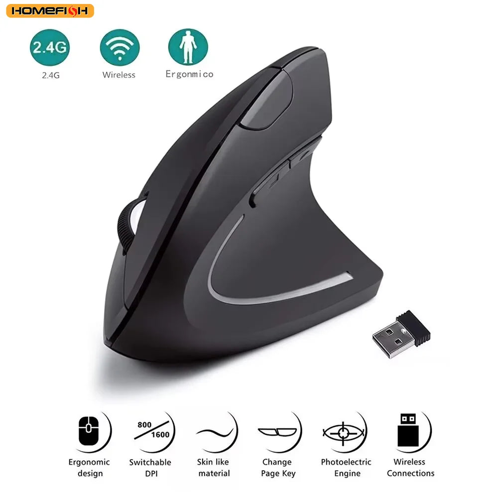 Ratón Vertical Ergonómico Inalámbrico de 2.4GHz HOMEFISH, Ratón Óptico con 3 DPI Ajustables 800/1200/1600 y 6 Botones para Computadora Portátil y PC