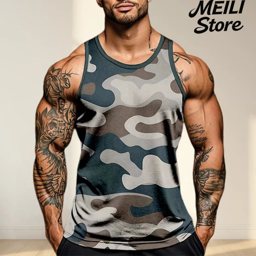 Camiseta sin mangas con estampado de camuflaje para hombre, chaleco deportivo con estampado 3D, ropa informal para gimnasio, secado rápido, novedad de verano