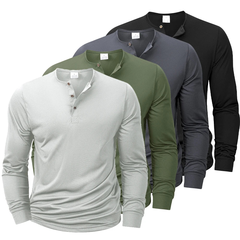 Nuevas camisetas Henley para hombre, camisetas básicas informales de manga larga con cuello de banda, Jersey suave y cómodo, camisetas para hombre